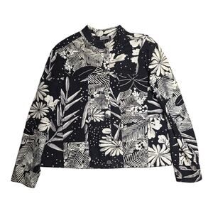 Vtg 1990s Chico's Black Ivory Illustrated Floral Button Up Cotton Jacket 1 M